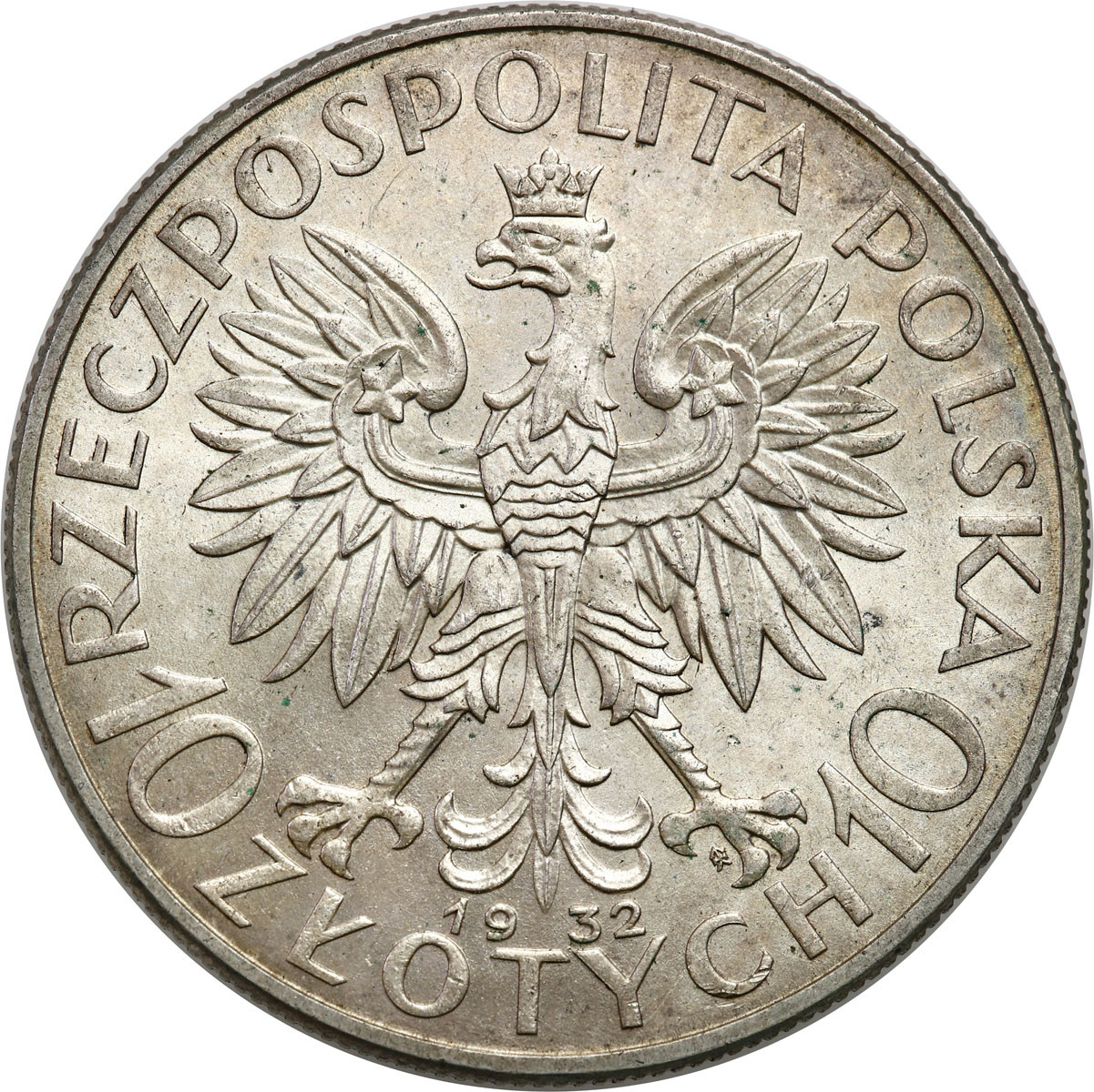 II RP. 10 złotych 1932 głowa kobiety (ze znakiem), Warszawa – PIĘKNE